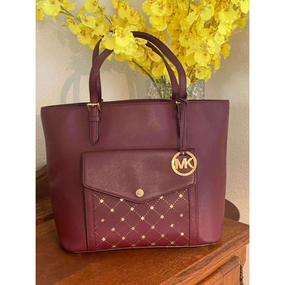 MICHAEL KORS JET SET Travel LARGE SHOULDER TOTE BAG Merlot Burgundy GOLD - Picture 3 of 15
